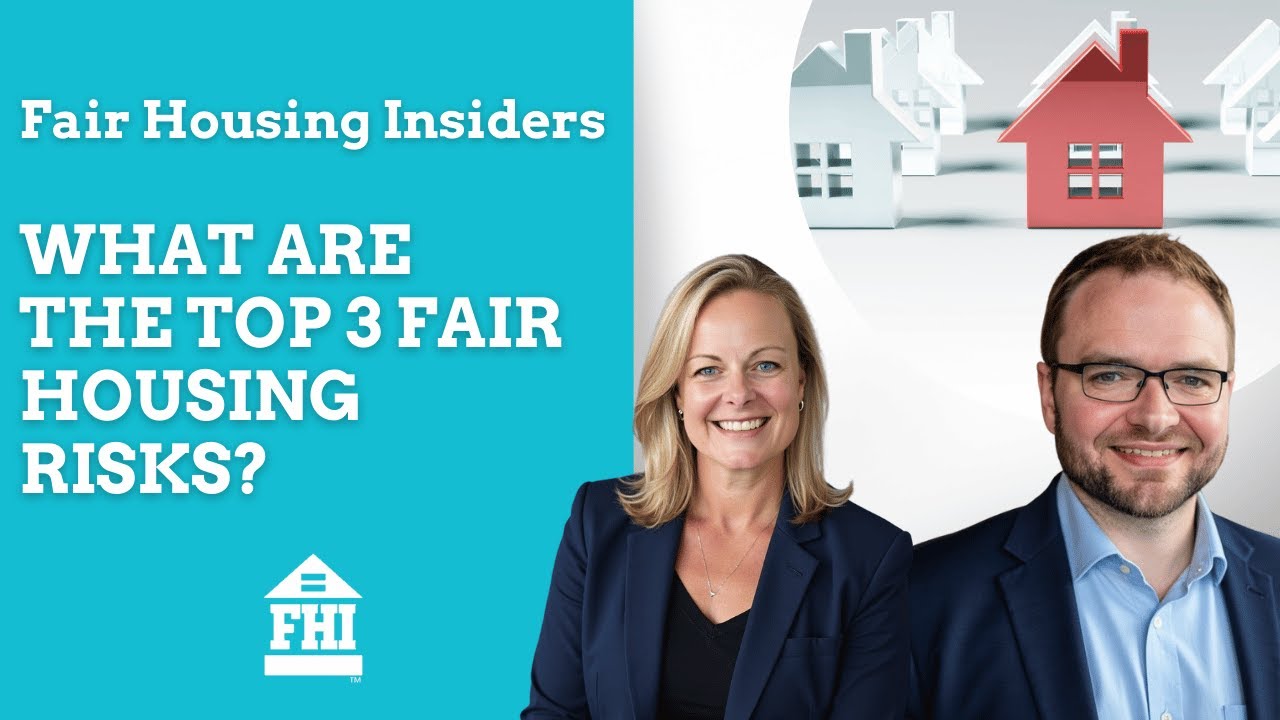 A promotional image for 'Fair Housing Insiders' YouTube blog titled 'What Are The Top 3 Fair Housing Risks?'. It features Leslie Tucker and Michael Coughlin in business attire, standing in front of a split background. The left side is teal with the text, and the right side is white with 3D house icons, including one red house.