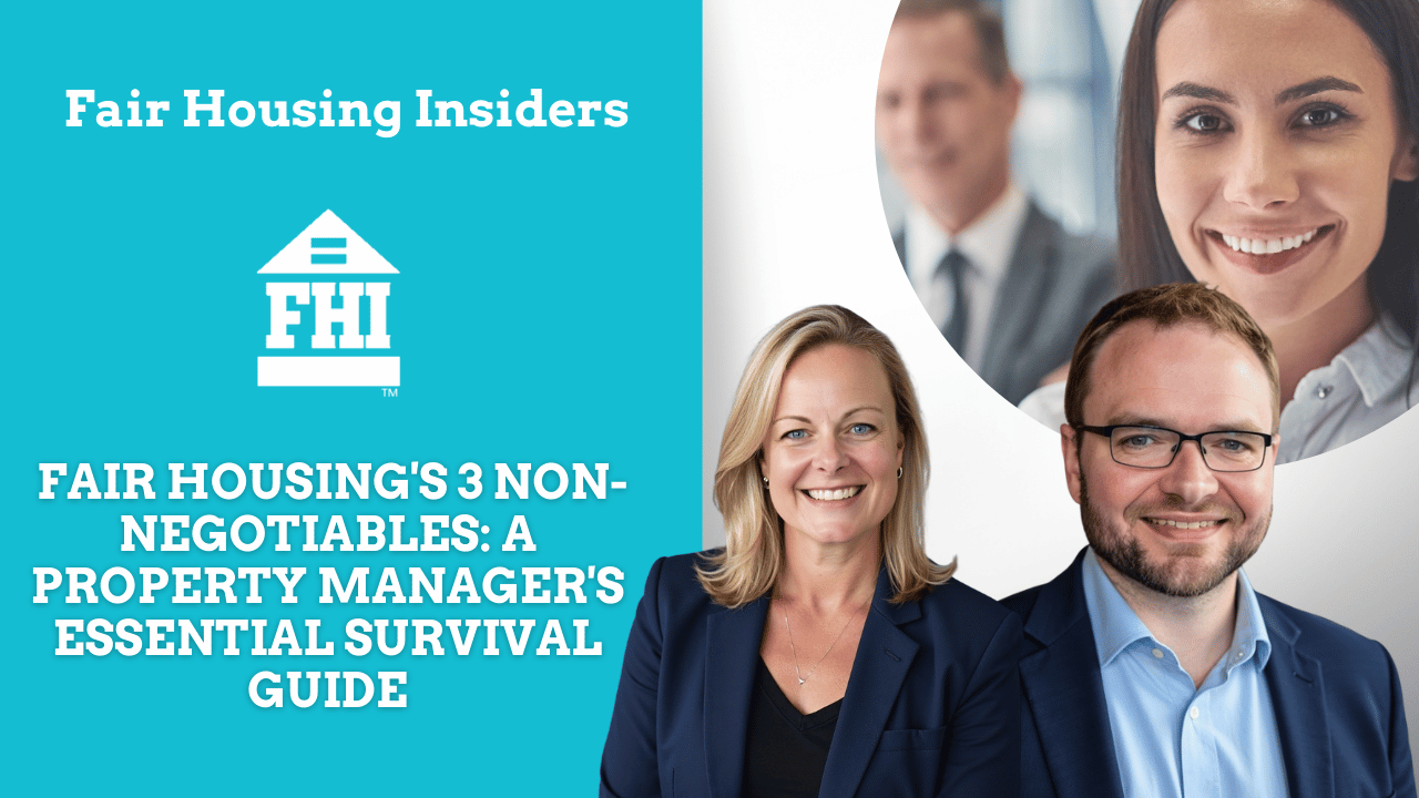 Thumbnail for the 'New Property Manager Fair Housing Survival Guide' by Fair Housing Insiders (FHI). It features the FHI logo and two smiling adults in a professional setting.
