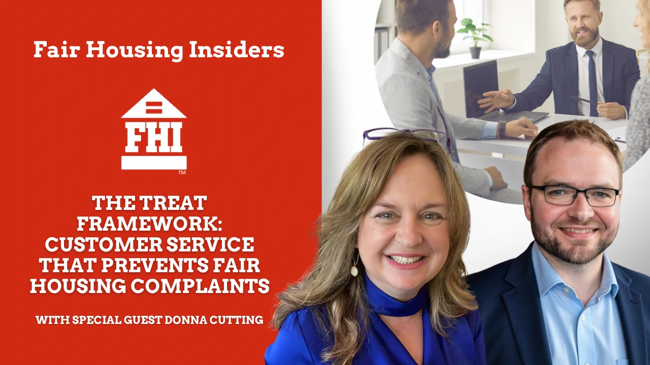 A promotional banner for a webinar titled "Mastering Customer Service as a Fair Housing Compliance Tool" presented by Fair Housing Insiders (FHI). The banner features a red background on the left with the text and the FHI logo. On the right, it displays headshots of two speakers, a woman and a man, alongside an inset image of professionals in an office setting. The text also notes a "Special Guest Donna Cutting"